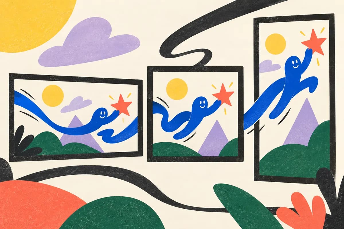 A blue character and colorful landscape are recomposed across wide, square and portrait frames.