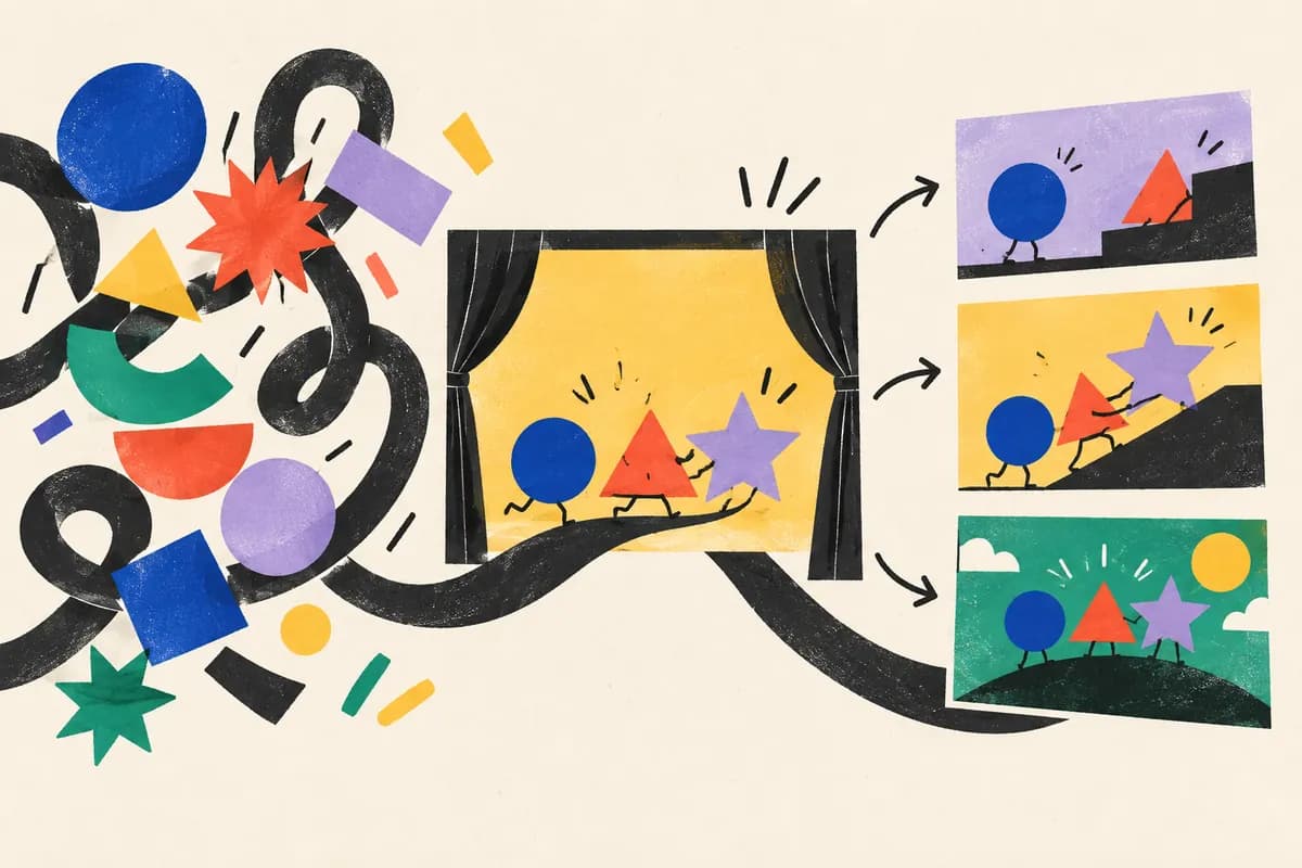 Colorful cut-paper shapes transform into a clear sequence of illustrated storyboard panels.