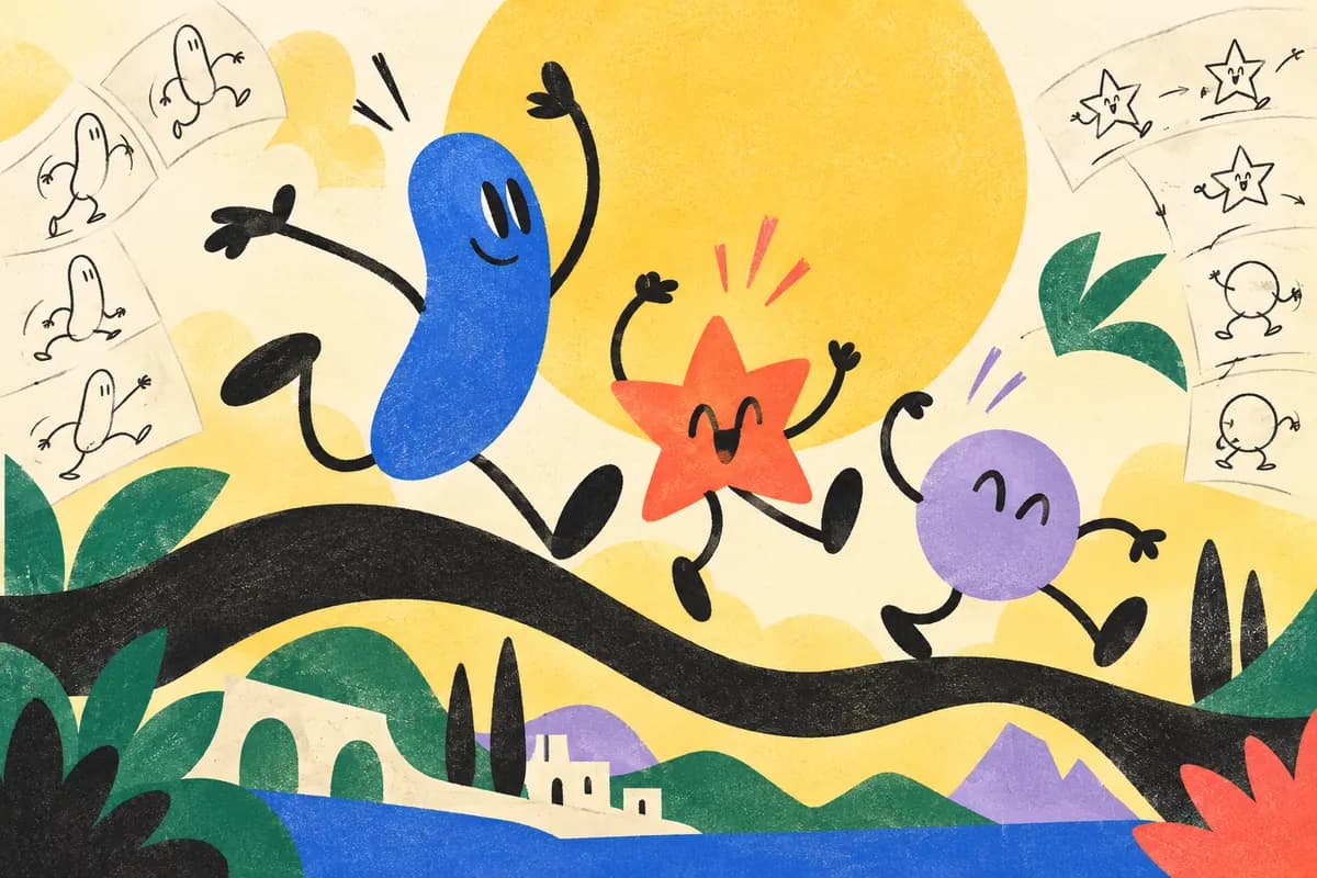 Three expressive geometric characters leap across an illustrated landscape with sketched movement poses.